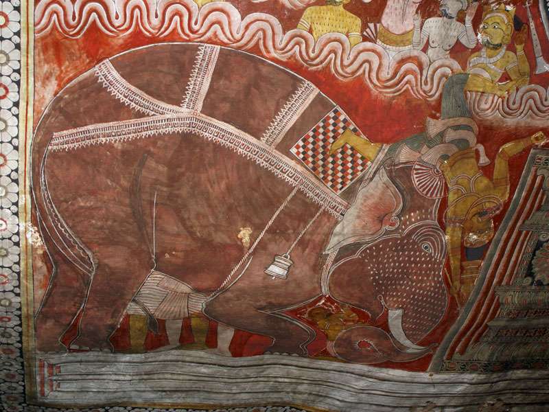 Detail eines Wandgemäldes - ein Elefant wirft seinen Reiter ab; Foto: 09.11.2006, Dambulla