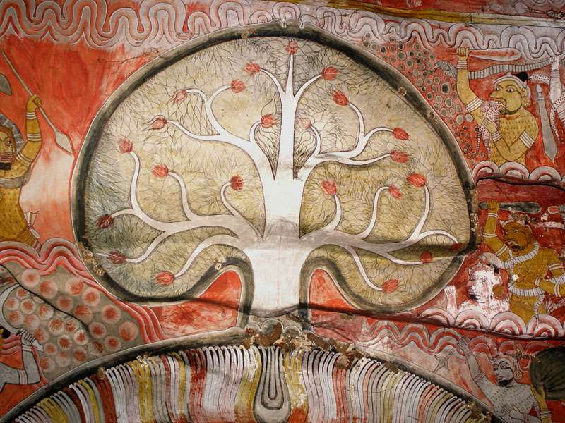 Heiliger Baum in einem Wandgemälde im Höhlentempel; Foto: 09.11.2006, Dambulla
