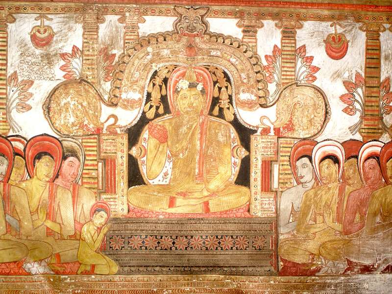 Buddha und seine Anhänger auf einem Wandgemälde; Foto: 09.11.2006, Dambulla