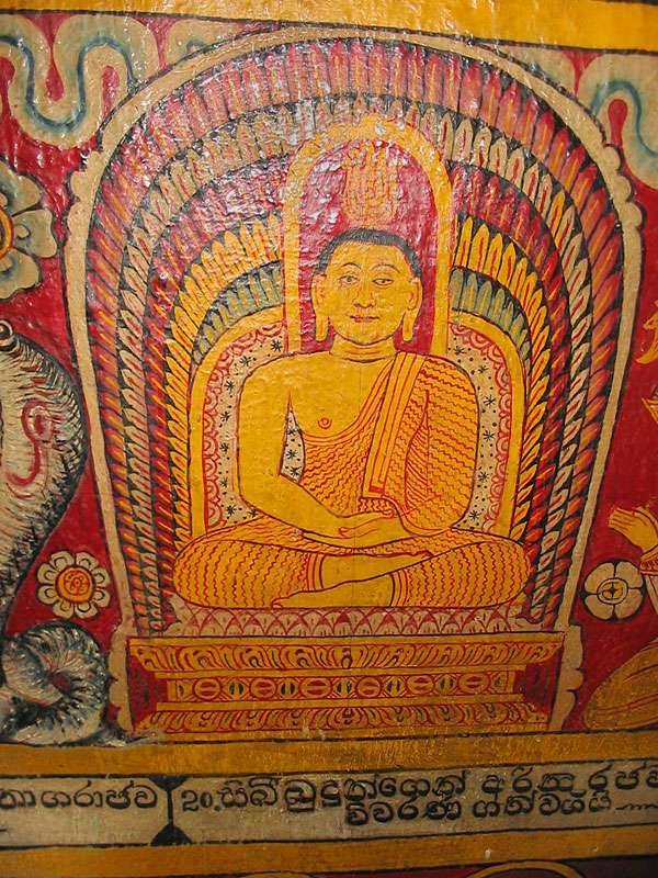 Buddha-Gemälde im Zahntempel - wie in vielen anderen Fällen auch dominieren hier rote und gelbe Farbtöne; Foto: 10.11.2006, Kandy