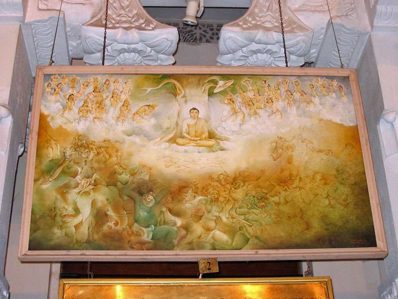 Szene aus dem Leben des historischen Buddhas auf einem Gemälde im Zahntempel; Foto: 10.11.2006, Kandy